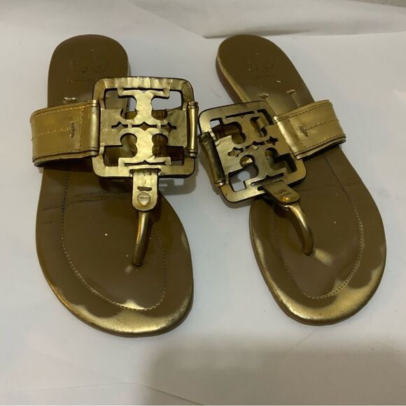Tory Burch Miller Logo Patent Leather Sandals Vintage Gold  Size 7 - Picture 3 of 8